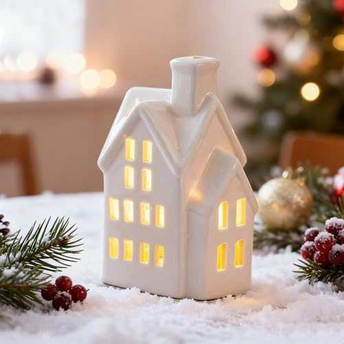 Weihnachtsdeko LED Lichterhäuser Weisse, Keramik Häuser Weihnachten Weihnachtsdorf Beleuchtet Weihnachtshäuser mit Beleuchtung Porzellan Häuser Weiß Nachtlicht Teelichthalter Häuschen Deko (A)