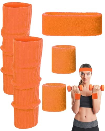 ZAMXHUG 70er Jahre Outfit Damen Accessoires, 80er Jahre Accessoires,Schweißband Set mit Haarband Sport, Wristbands, Beinstulpen, Karneval Kostüme Zubehör für Thema Partyzubehör(orange Farbe)