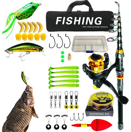 Mimoqk Angelrute und Rolle Combo – komplettes tragbares Set, Angelausrüstungs-Set – für Süßwasser, Salzwasser, Reisen, Outdoor, Camping, Ehemann, Anfänger, Erwachsene, Rolle, Camping