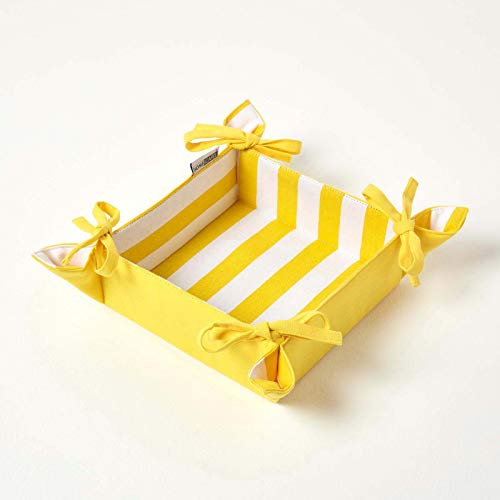 HOMESCAPES Reversible Bread Basket Double Design Fabric Yellow Striped Pattern Foldable Basket for Buns Eggs Baked Goods 100% Cotton Cover
