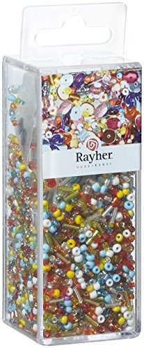 Rayher 24086000 Pailletten-/Glasperlenmix, bunte Mischung, 90 g und 50 m Draht 0,3 mm ø, Bastelperlen, Rocailles, Pailletten, Wachsperlen, Fädeldraht, 12.7x4.4x4.0 cm, Variante 5