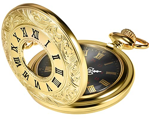 Hicarer Vintage Pocket Watch Steel Men Watch with Chain (Gold)