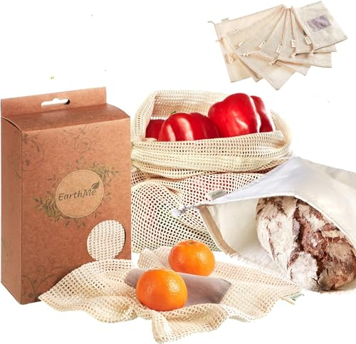 Naturely Lot de 4 Sacs à légumes en Coton Bio pour Une Utilisation sans Plastique | Réutilisable avec Sac à Pain | Durable grâce à Une Taille doublée | avec Patch et Fermeture en Bois