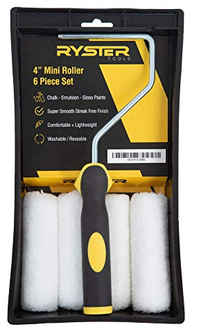 Paint Roller Set - 4 x Microfiber Sleeves, 4 Painting Roller Frame with Ergonomic Handle and Easy roll Feature, Ribbed Plastic Paint Tray, and 9mm Nap Roller