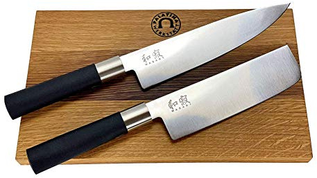 Kai Wasabi Black Messerset/Geschenkset | ultrascharfes japanisches Nakiri + großes Kochmesser 20 cm | + handgeferigtes Fassholzbrett 25x15 cm | VK: 142,90 €