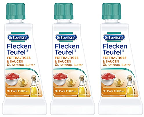 Dr. Beckmann Fleckenteufel Fetthaltiges & Saucen | Spezialfleckentferner gegen Fettflecken, Schokoladen-Flecken, u.v.m. | 3x 50 ml