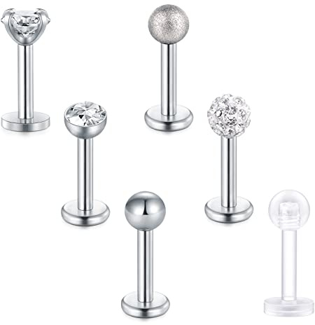 Briana Williams 6stk Tragus Piercing Lippenpiercing Labret Stecker Chirurgenstahl Silber 16G 6/8/10mm Stab mit Zirkonia Helix Ohr Piercing