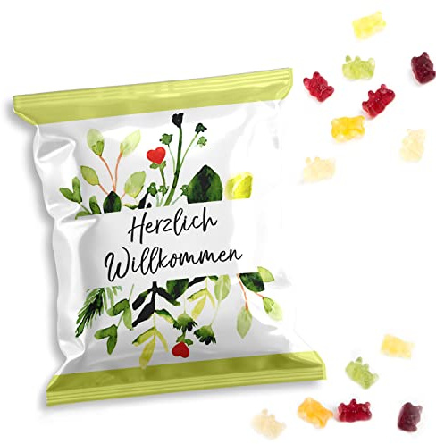 Gummibärchen Mini-Tütchen, 50 Stück: Kleine Tüten Fruchtgummi, Herzlich Willkommen, Gastgeschenke Hochzeit, Geburtstag & Taufe, Geschenk Gäste, Willkommensgeschenk Gäste, Süßigkeiten Klein, 7 x 9 cm
