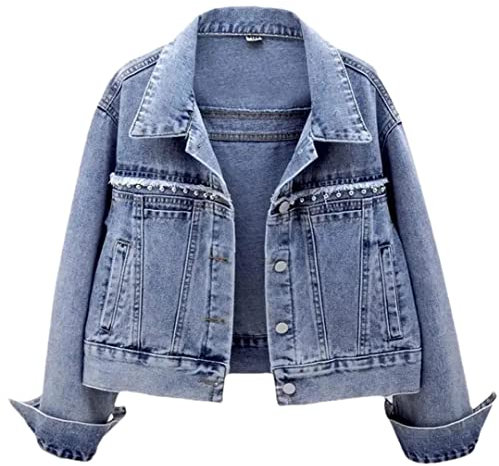 Hndudnff Damen-Jeansjacke, kurze Jeansjacke, Nieten, Strass, Jeansmantel, blau, lässig, Windbreaker, Oberbekleidung, blau, Large