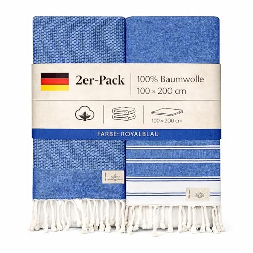 NOUR Hamamtuch Strandtuch | 2er Pack | groß 100x200 cm | aus 100% Baumwolle | Picknickdecke | Saunatuch | Extra leicht | saugstark | schnelltrocknend | Sandfrei (blau)