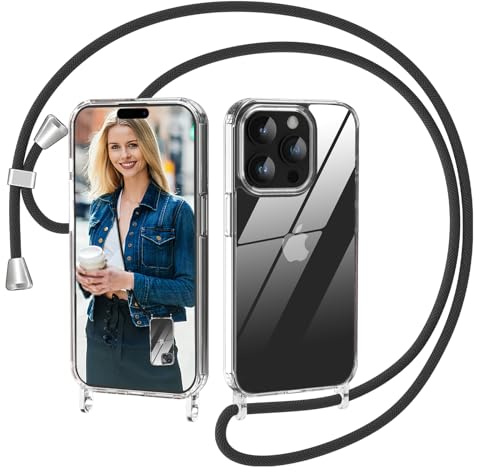 Nupcknn Coque avec Cordon pour iPhone 15 Pro Max, Transparente Anti-Jaunissement Coque Antichoc Housse Collier Réglable Téléphone Étui Portable Lanyard Case Protection Complète Cover(6.7,Noir)