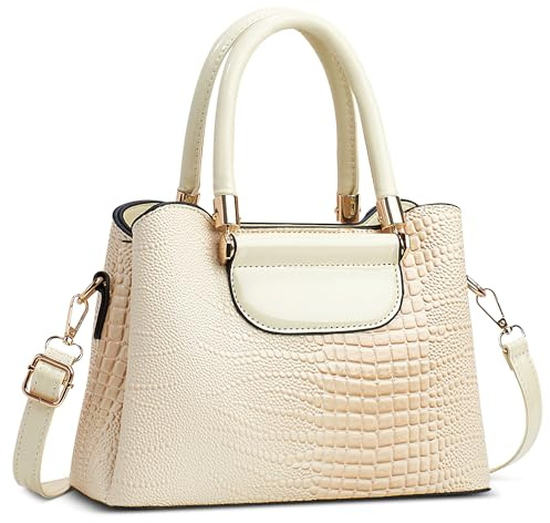 FOLOVEYA Damen Handtasche Mode Krokodilmuster Frauen Henkeltaschen Umhängetasche Elegant Tote Taschen Klein Shopper Schultertasche PU Leder für Arbeiten Reisen Dating mit Viele Taschen Creme Weiß