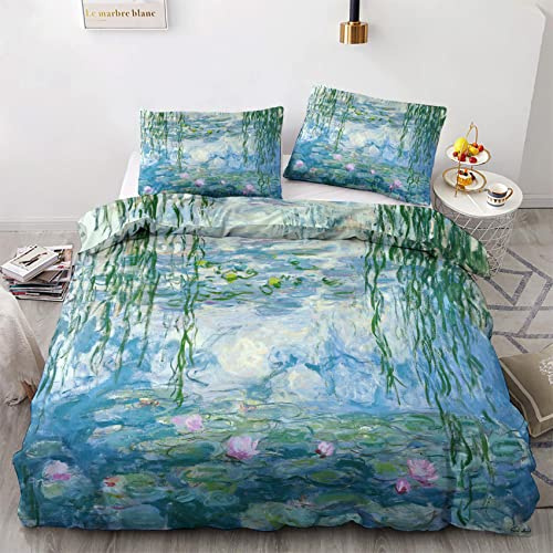 Generisch Bettwäsche Seerose 155x220 - Bettbezug Monet, Bettwäsche-Sets 2 teilig, Weich & Atmungsaktiv Mikrofaser Wendebettwäsche und 1 Kissenbezug 80x80 mit Reißverschlus J9-&-93