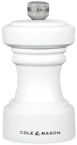 Cole & Mason H233058 Hoxton White Wood Pepper Mill, Compact Pepper Grinder with Adjustable Grind, Precision+ Carbon Mechanism, Beech Wood, 104mm, Seasoning Mill, Lifetime Mechanism Guarantee