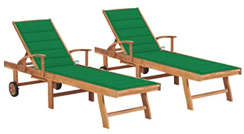 FUDUGEHMIOFWFJJ liegestuhl,liegestuhl Garten,saunaliege,Sonnenliegen 2 STK. mit Auflagen Grün Massivholz TeakGeeignet für Garten, Pooldeck, Terrasse, Wohnzimmer