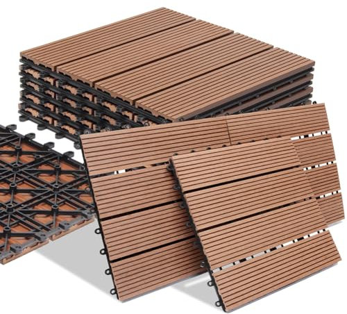 BAKAJI Set 11 Pezzi Piastrelle in WPC da Giardino, Esterno, Patio, Balcone, Pavimento Impermeabile con Drenaggio Acqua, Piastrella Montaggio Incastro, Resistente Agli Agenti Atmosferici (Terracotta)