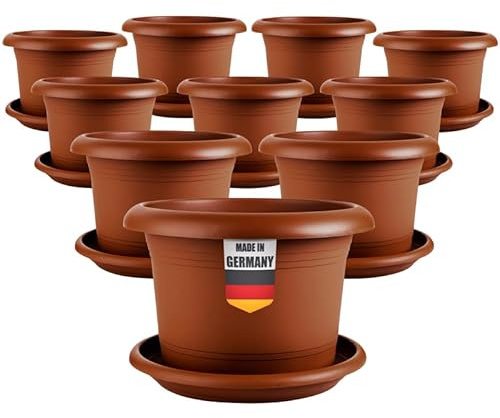 SUSTANIA Elegantes 10er-Set Blumentopf groÃŸ 40 cm Durchmesser - Pflanzkübel groÃŸ auÃŸen in Terracotta, mit Untersetzer, Robust & Frostsicher, aus Kunststoff, für Garten, Balkon, Terasse
