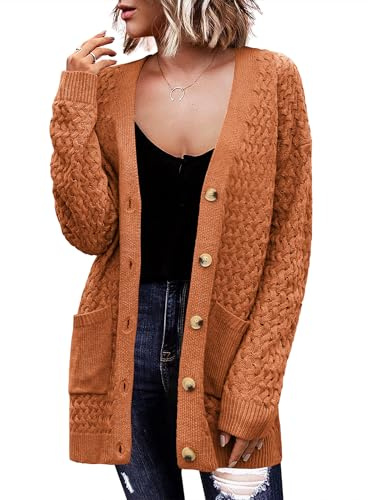 Zeagoo Womens 2026 Long Sleeve Chunky Cable Knit Fall Cardigans Sweaters Button Down Open Front Outerwear with Pockets Brown Large