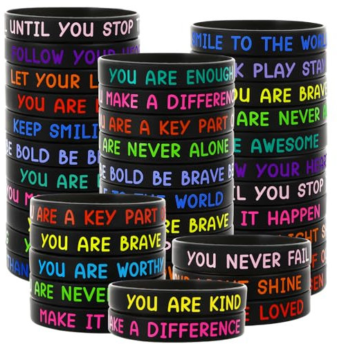 JUNEBRUSHS Motivierende Silikon-Armbänder, 64 Stück, schwarz, inspirierende Gummi-Armbänder für Schüler, Lehrer, Schulanfang, Geschenk, Klassenzimmer, Belohnung, Geburtstag, Party, Gastgeschenk (16