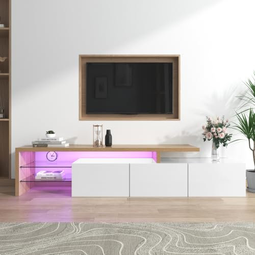 Moderner TV-Schrank aus Holz, elegante Anrichte mit Glasböden und LED-Beleuchtung, perfekt für Wohnzimmer mit kleinen Räumen, 197,5 x 39 x 42 cm (Farbe: Weiß)