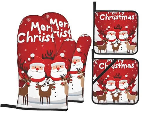4 Stück Ofenhandschuh Und Topflappen Set Frohe Weihnachten Ofen Mitts Geeignet Topfhandschuhe Hitzebeständige Küchenhandschuhe Für Mikrowellenofen, Backen, Zum Grillen