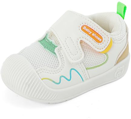 LACOFIA Babyskor flickor pojkar lära-gå-skor baby första skor med halkfri gummisula andas småbarn sneakers, Vit orange, 19 EU