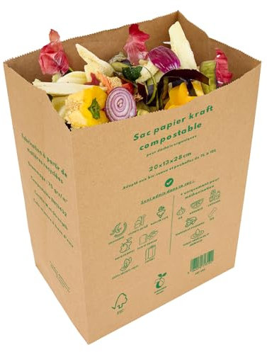 La Cordeline 20 sacchetti di carta Kraft compostabili da 10 l, per rifiuti organici domestici, fondo piatto rinforzato autoportante