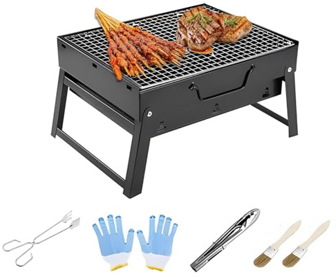 BBQ Barbecue Grill Portable Folding BBQ Grill, Foldable Charcoal Grill | with Food Clip, Carbon Clip, Oil Brush, Seasoning Brush, and Heat-Resistant Gloves, for Outdoor Picnic, Garden Ter