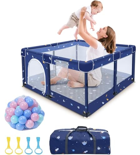 Kidsgigglz Laufstall Baby, Baby laufgitter 150x180x66cm mit Bällen, Oxford Gewebe Schutzgitter Kinder Playpen Kinderzaun mit Tragetasche, Stabile Gitter Laufstall-Atmungsaktivem Netz, Cartoon-Modell