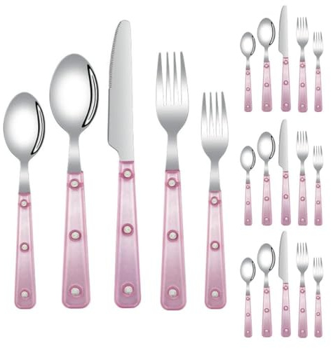 Frosted Clear Handle Silverware Tableware Set Stainless Steel Flatware Set Steak Table Knife Fork Spoon Fruit Teaspoon Cutlery Sets (Pink)
