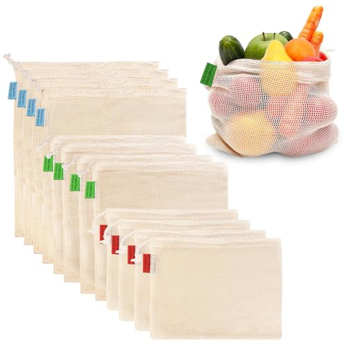 Ycsst 12 Pack Reusable Cotton Mesh Produce Bags - 100% Organic Cotton - Produce Bag - Double-Stitched - With Drawstring Produce Bag For Vegetables,Fruit & Grocery Shopping,4xS, 4xM, 4xL.