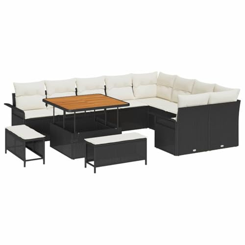 vidaXL Trädgårdsoffset med kudde 12 pcs Svart konstrotting, Trädgård och terrass, modern, modulär möbelset, utomhus rattan-soffa, lätt, UV-beständig, bekväm, stilren