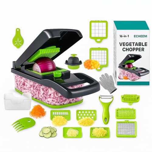 Mandolina de cocina16 en 1 – Cortadora de Verduras con 6 Cuchillas Intercambiables – Rebanadora, Rallador y Juliana de Frutas y Vegetales en Acero Inoxidable