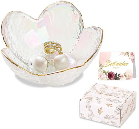 White Flower Jewelry Dish Glass Ring Dish Jewelry Tray Cute Vanity Organiser Room Decor Aesthetic Nightstand Bathroom Decor Trinket Dish Ring Holder Jewellery Tray Valentine's Birthday Gifts for Women