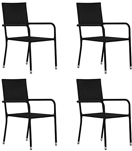 QZZCED Garten-Essstühle 4 STK. Stapelbar Schwarz Polyrattan Outdoor-Stühle Terrassenstühle für Innenhöfe