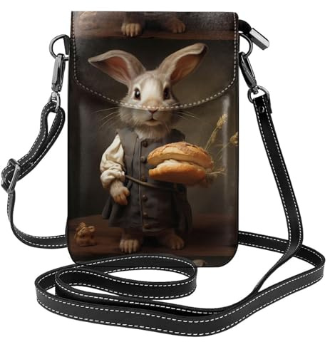 WHJSSF Petit sac à main pour téléphone portable 19,3 x 12,4 cm, petit lapin gris tenant du pain, étui à rabat en cuir imprimé pour femme, parfait pour la marche, le camping
