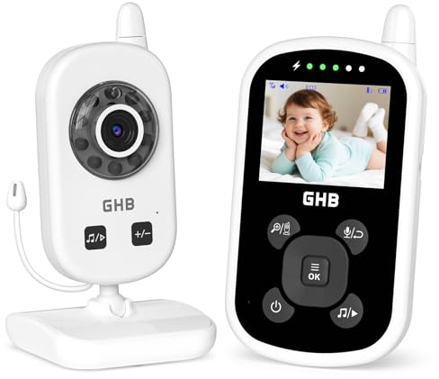 GHB Baby Monitor Video e Audio 2,4'', 950mAh, Monitor Baby con Telecamera con Comunicazione Bidirezionale, VOX Visione Notturna Visione Rilevamento della Temperatura, Ninne Nanne