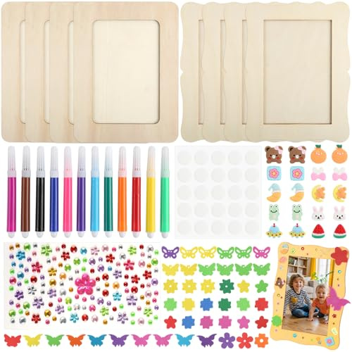 8er-Set Holzbilderrahmen (4 wellenförmig+4 quadratisch, je 14x19cm) zum Bemalen für Kinder | Bastelset mit 12 Pinseln,20 3D-Stickern&Glitzeraufklebern | Kreativ-Beschäftigung für Kindergeburtstag
