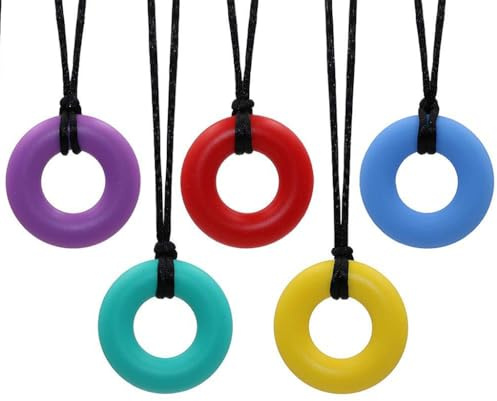 Sensorische Kaukette für Kinder und Erwachsene, 5er-Pack Silikon Beißkette Anhänger, Kauen Halskette Set in Blau Gelb Rot Lila Minzgrün
