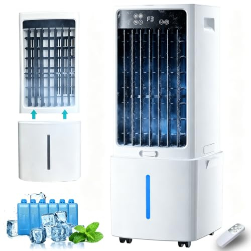 Climatizador Evaporativo Silencioso 12L Sin Tubo con Mando, Ventilador de Agua 3 Velocidades, 6 Bloques de Hielo, Temporizador 12H, Oscilación 90° para Habitación, Oficina, Garaje