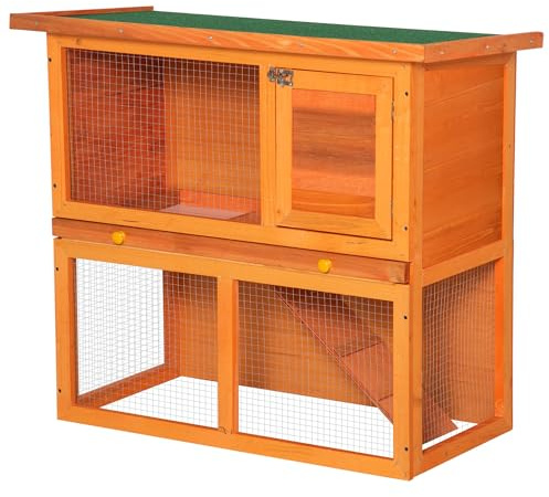PawHut Conejera Madera Jaula para Conejos o Casa para Animales Pequeños 90x45x80cm Área de Juego