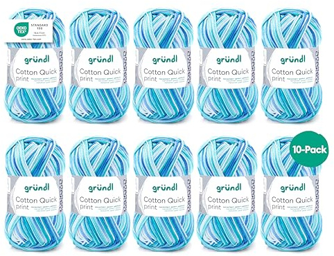 Filato per maglia/uncinetto Gründl Cotton Quick Print (lana per maglieria, filato dai vivaci colori 100% cotone, certificato OEKO-TEX, 50 g / 125 m, ferri: 3-4, 10 x 50 g), Aqua Multicolor