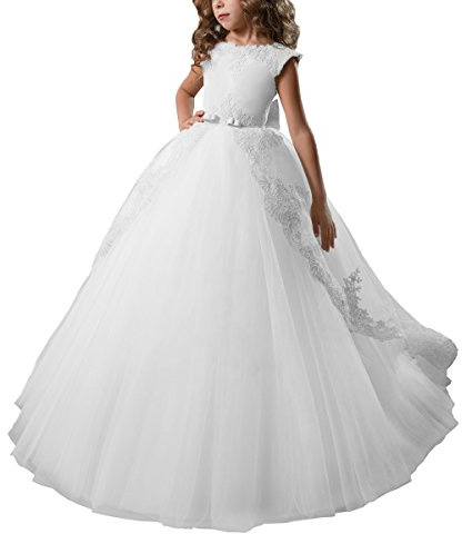ABAO SISTER Flower Girl Dress, Fancy Puffy Long Dress by Lace and Tulle, Ball Gown for Wedding, Communion (White, 10)