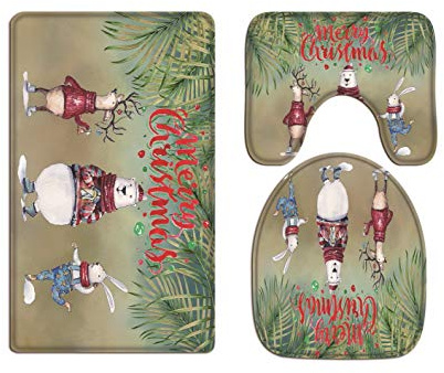 A.Monamour Badezimmer Badematte 3 Teilig Set Cartoon Rentier Bär Kaninchen Tierdekore Frohe Weihnachten Palmblatt Hintergrundkunst Flanell Saugfähig Badteppiche Badvorleger Badgarnitur WC Vorleger