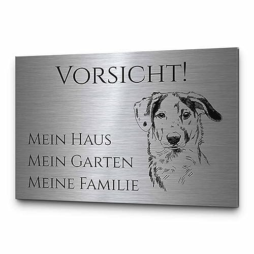 Echtes Edelstahl Hinweis-Schild Türschild Größe 12x8 oder 15x10 cm  Vorsicht  Hund - selbstklebend oder mit Bohrlöcher Betreten auf eigene Gefahr Hundeschild Modell: M10