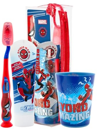 La borsa da toilette Spiderman contiene spazzolino da denti con tappo di protezione, ventosa, manico comodo e setole morbide, dentifricio al gusto di menta e bicchiere multiuso per bambini