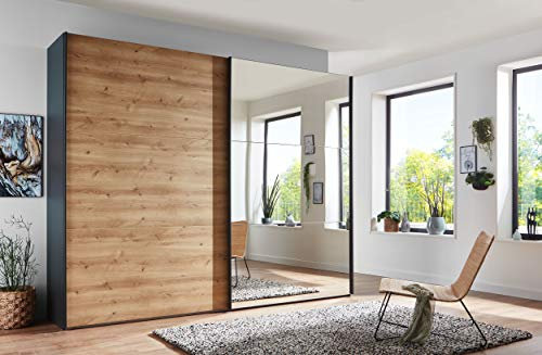 WIEMANN Korfu Kleiderschrank, Schwebetürenschrank, Schlafzimmerschrank, mit Schiebetüren, Breite 300 cm, mit Spiegel rechts, Bianco Eiche, graphit, Holz, grau, schwarz, B/H/T 300x217x67 cm