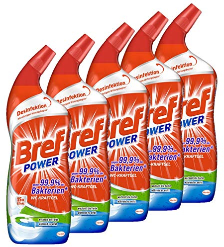 Bref Power WC KraftGel 15x Effekt gegen 99,9 Prozent der Bakterien, 5er Pack (5 x 750 ml), WC Reiniger extrastark für eine kraftvolle Reinigung und Desinfektion