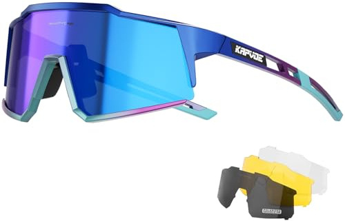 KAPVOE Fahrradbrille 4 Wechselgläser UV400 TR90 Herren Damen K9022 | 4 Gläser: Rote PC-Taglinse, Schwarz polarisiert, Klar Nacht, Gelb wenig Licht; UV400, ca. 34g TR90