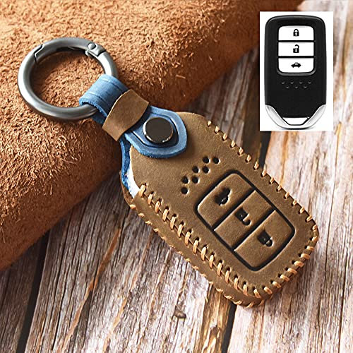 HIBEYO Smart Autoschlüssel Hülle passt für Honda Schutzhülle Fernbedienung Schlüsselhülle Cover für Honda CR-V Jazz Civic HR-V Schlüssel Gehäuse mit Leder Schlüsselanhänger Autozubehör 3-Tasten-Braun